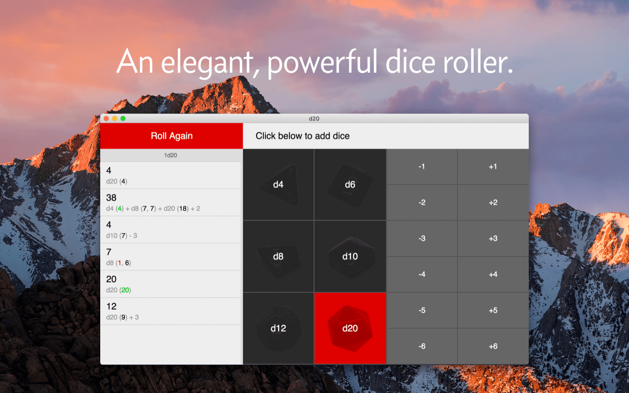 The d20 interface has buttons for d4, d6, d8, d12, and d20. It also has plus and minus one through six, for combining modifiers with your roll.