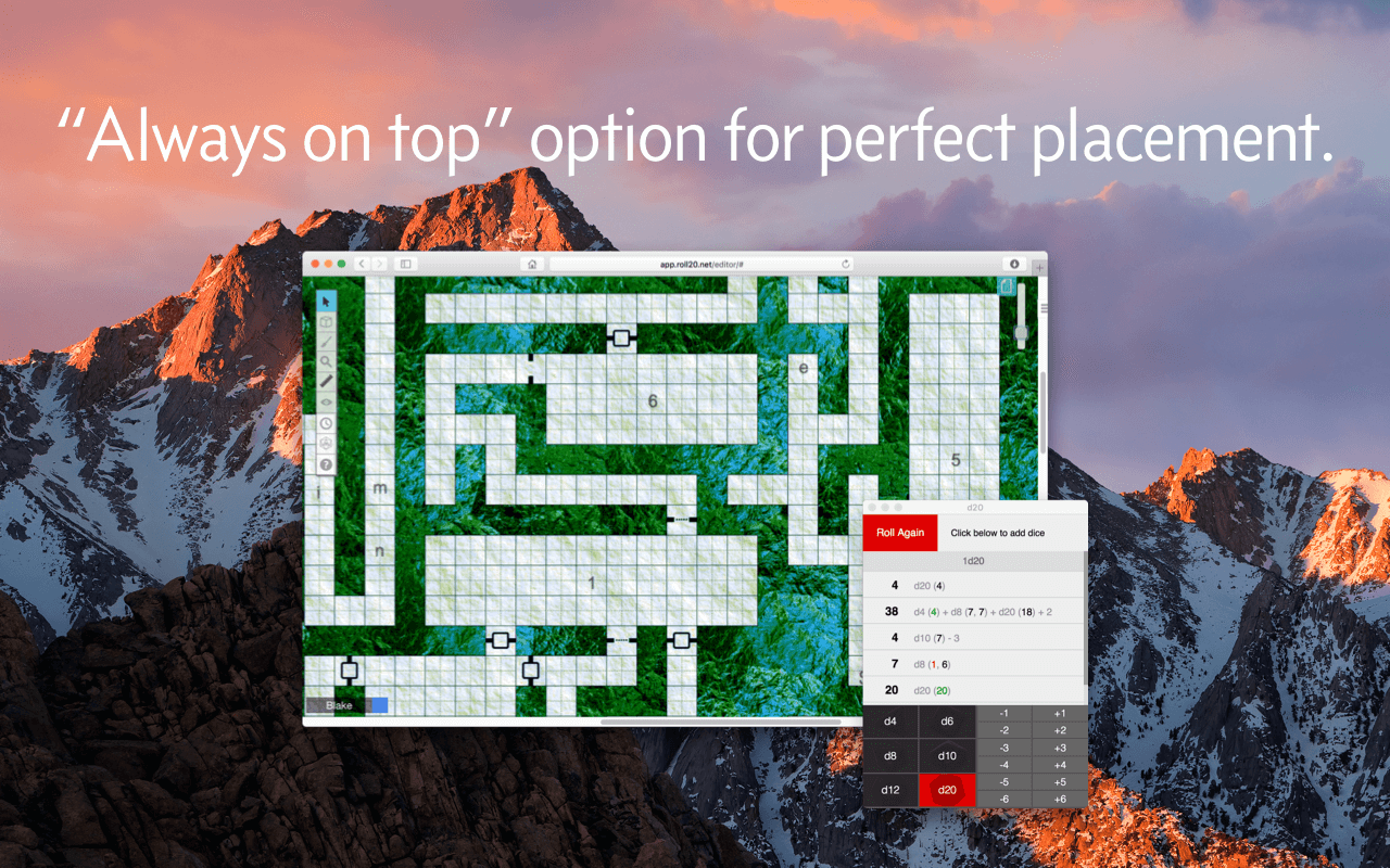 Showing d20 floating over a Safari window that has a dungeon map open.